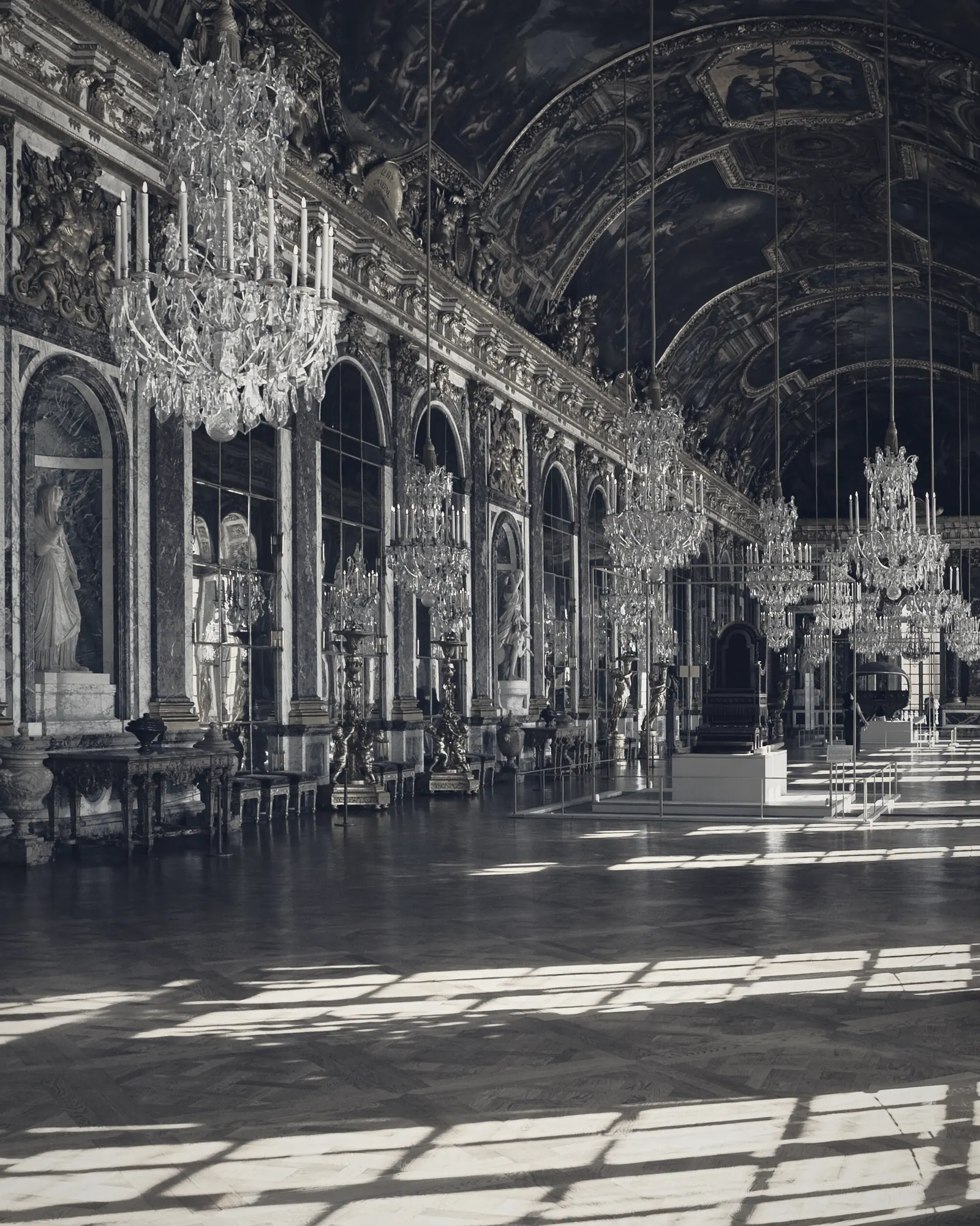 A mirrored gallery running the length of a palace