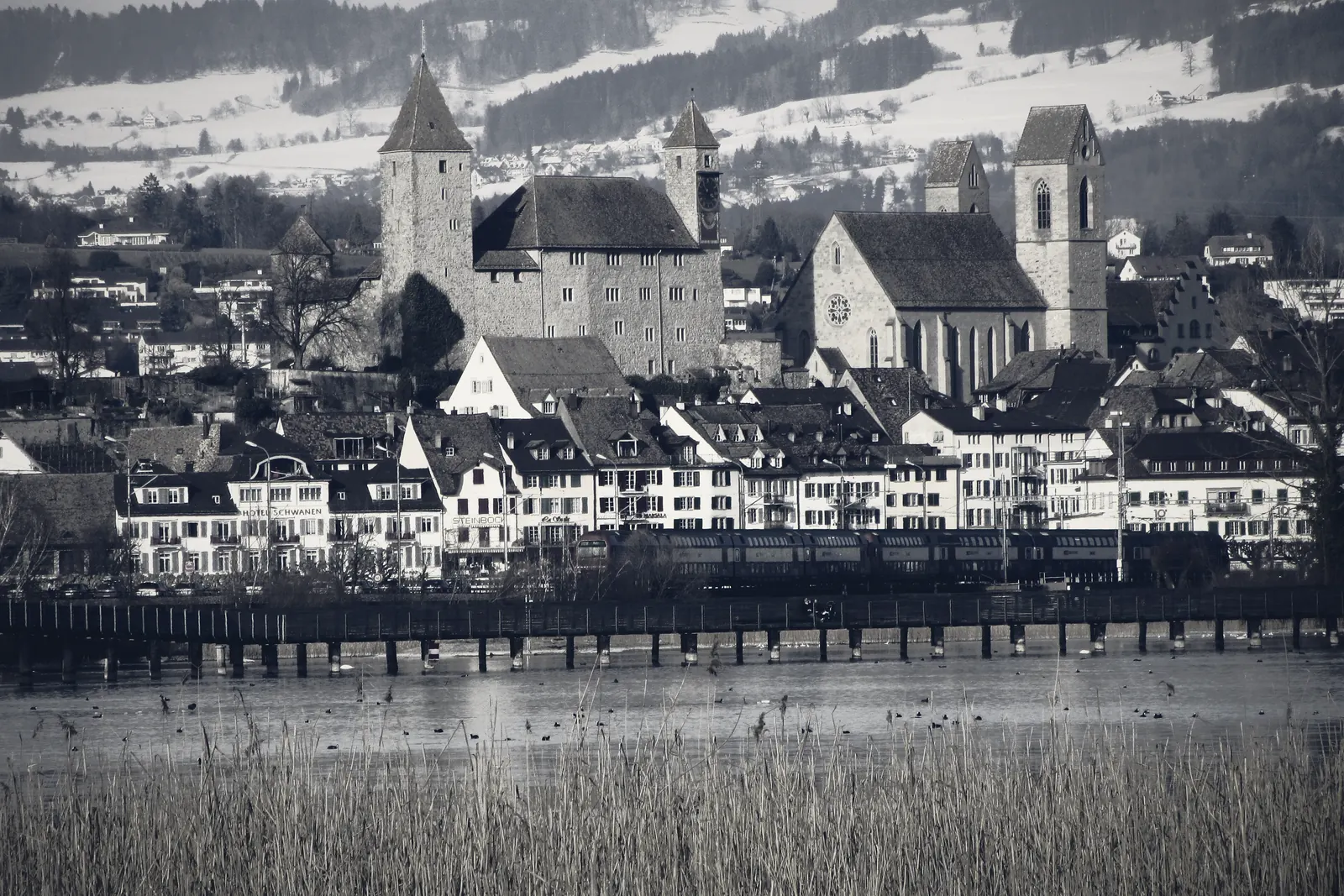 A lakeside town beneath wooded hills