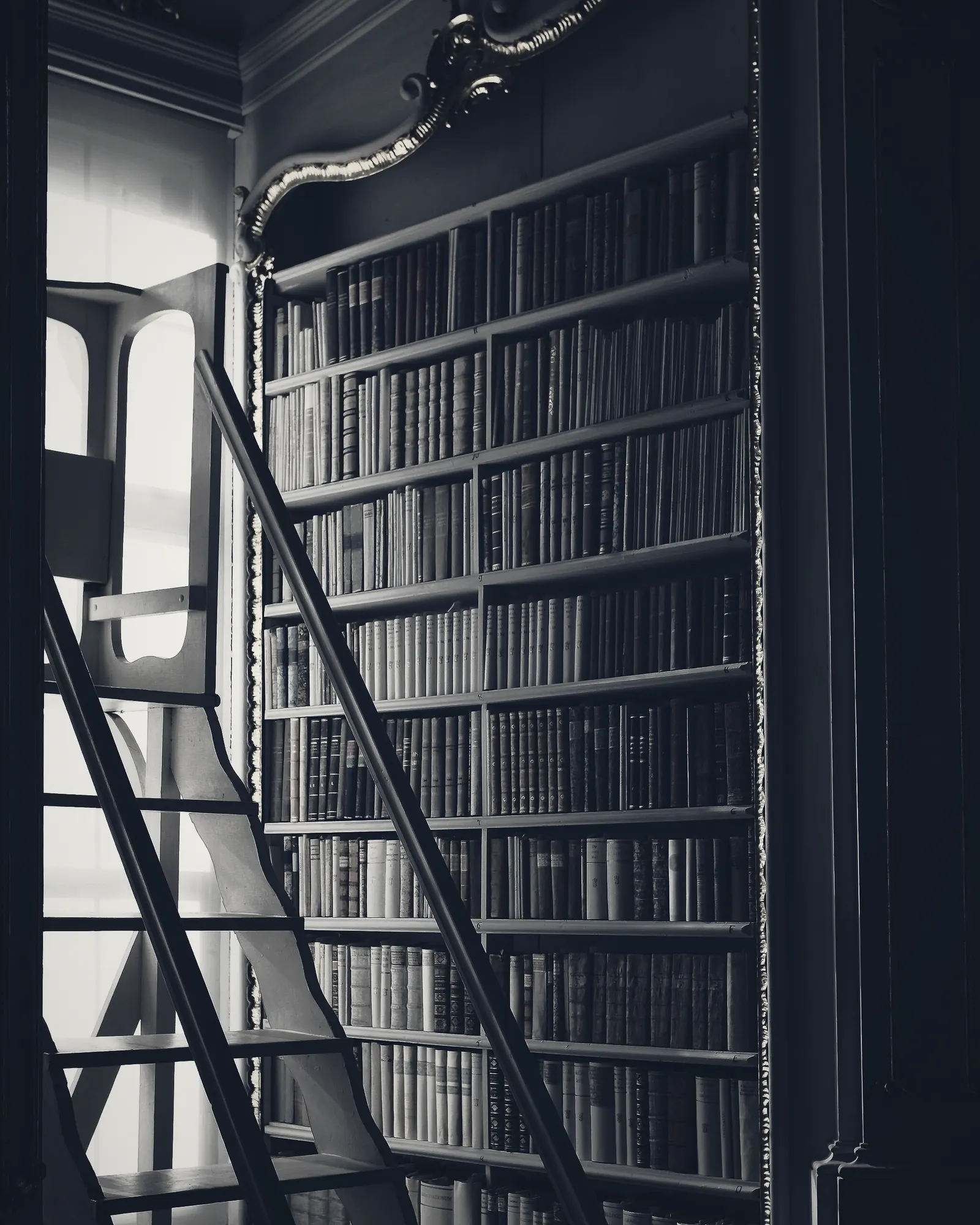 A reading gallery of bound volumes with a rolling ladder
