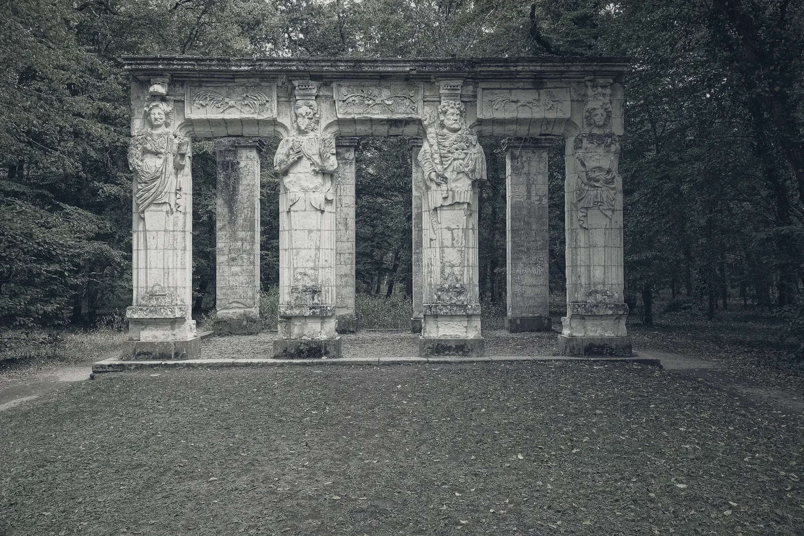 A colonnade standing in parkland